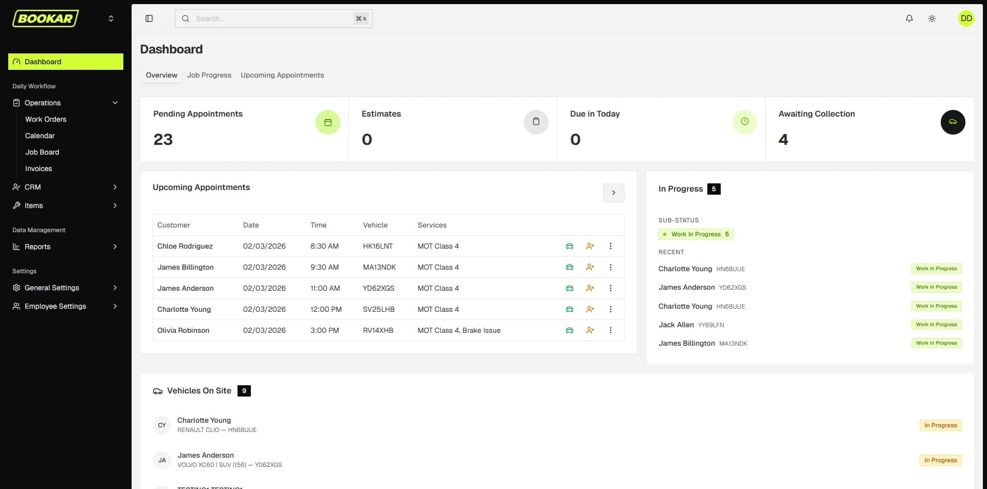 BOOKAR garage management dashboard
